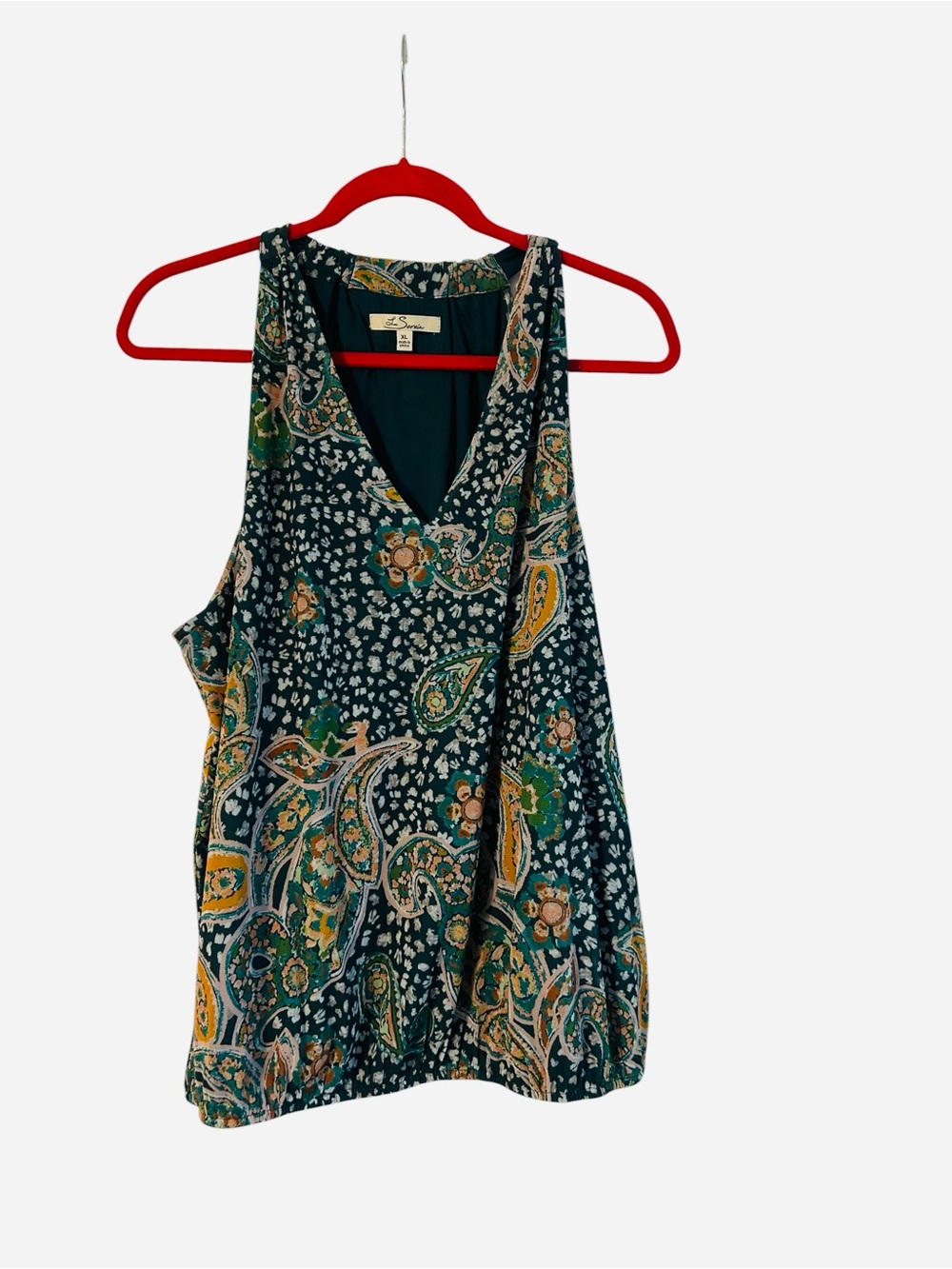 EUC Women's Les Serein Green Mustard Yellow Paisley V-Neck Tank Top Size XL
